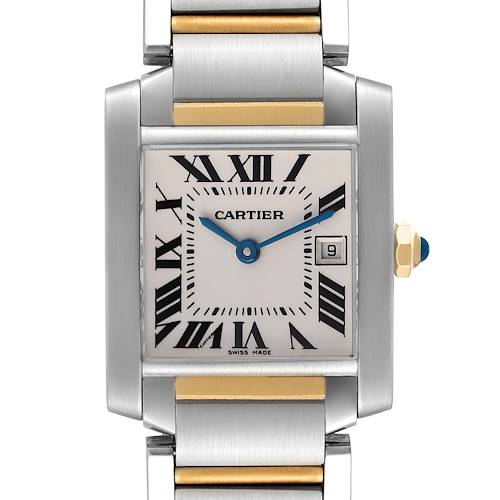 The Cartier Tank Francaise W51012Q4 Women's Stainless Steel Silver Dial W51012Q4 Women's Stainless Steel Silver Dial watch is shown from a front angle, displaying its face, bezel, and part of the bracelet.