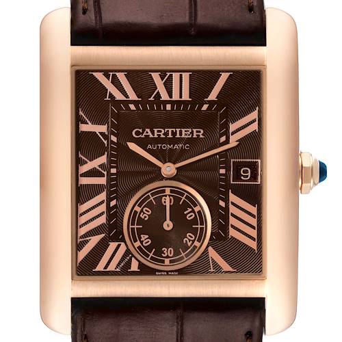The image shows a Cartier Tank MC W5330002 Men's Rose Gold Brown Dial W5330002 Men's Rose Gold Brown Dial watch face straight on, including the Roman numeral dial, small seconds sub-dial, and date window.