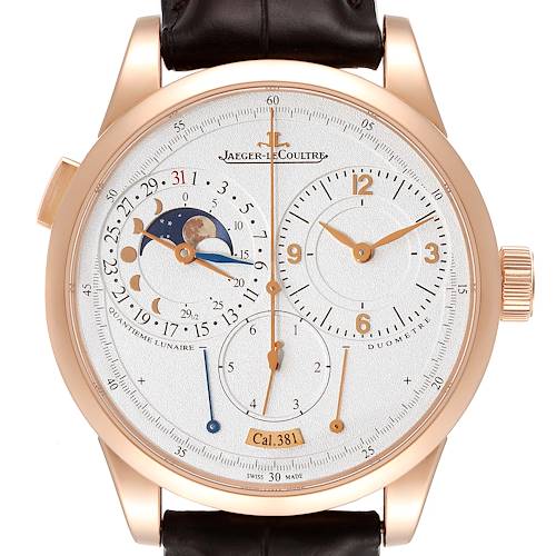 The image shows a front view of a Jaeger-LeCoultre Duometre model watch.