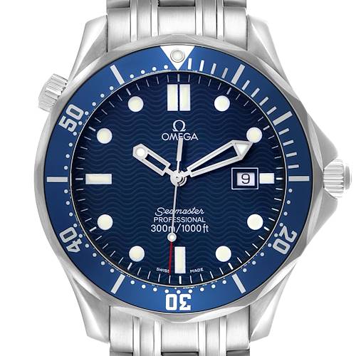 The Omega Seamaster 2541.80.00 Men's Stainless Steel Blue Dial watch is shown from the front, highlighting the face, bezel, hands, date window, and part of the bracelet.