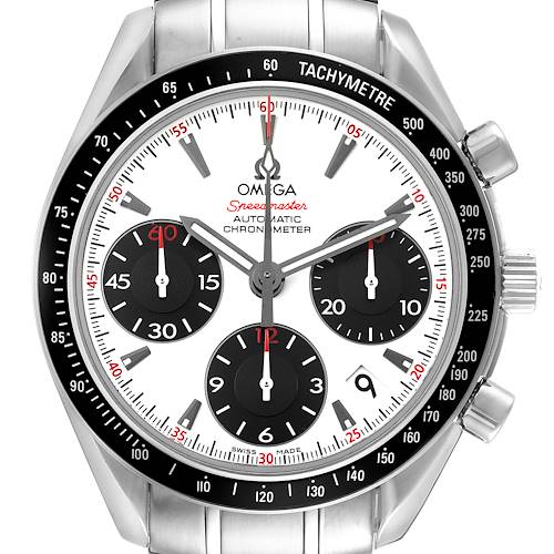 The image shows the front view of an Omega Speedmaster 323.30.40.40.04.001 Men's Stainless Steel White Dial 323.30.40.40.04.001 Men's Stainless Steel White Dial watch, displaying its dial, subdials, and tachymeter bezel.
