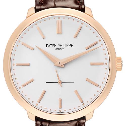 The image shows a front view of a Patek Philippe Calatrava 5123R Men's Rose Gold Silver Dial watch, highlighting the dial, hands, indices, and crown.