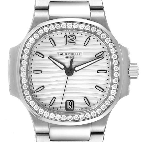 This image shows the front view of the Patek Philippe Nautilus 7018/1A-001 Women's Stainless Steel Silver Dial 7018/1A-001 Women's Stainless Steel Silver Dial watch, focusing on the dial, bezel, and part of the bracelet.
