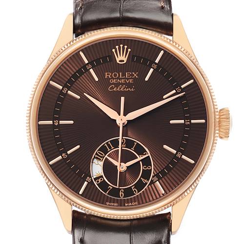 The Rolex Cellini 50525 Men's Rose Gold Brown Dial watch is shown from a front angle, displaying the dial, hands, crown, and part of the leather strap.
