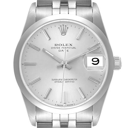 This is a frontal view of the Rolex Oyster Perpetual Date model, showing the dial, hands, crown, and part of the bracelet.
