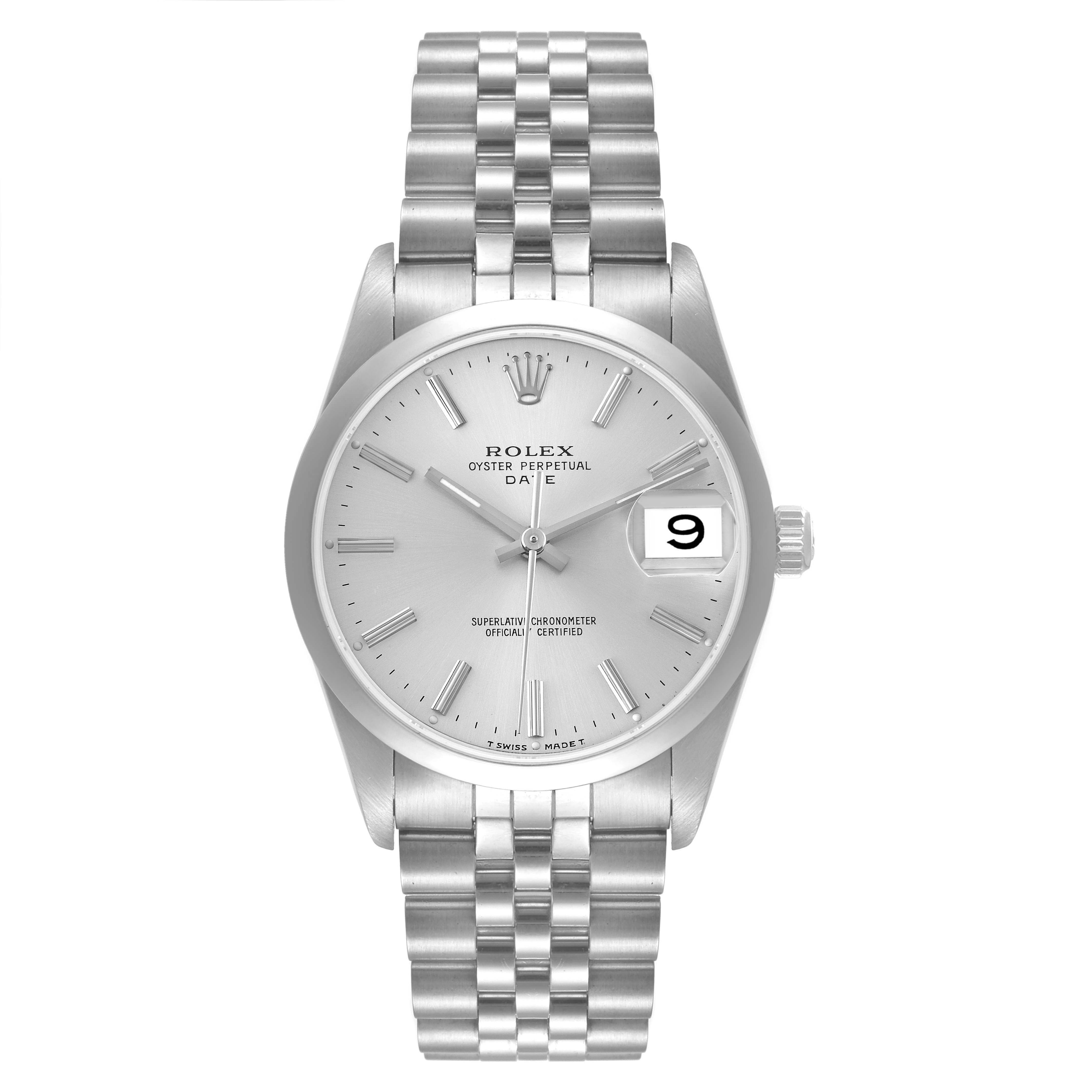 The Rolex Date 15200 Men's Stainless Steel Silver Dial 15200 Men's Stainless Steel Silver Dial model watch is shown from a front angle, displaying its silver dial, date window, and Jubilee bracelet.