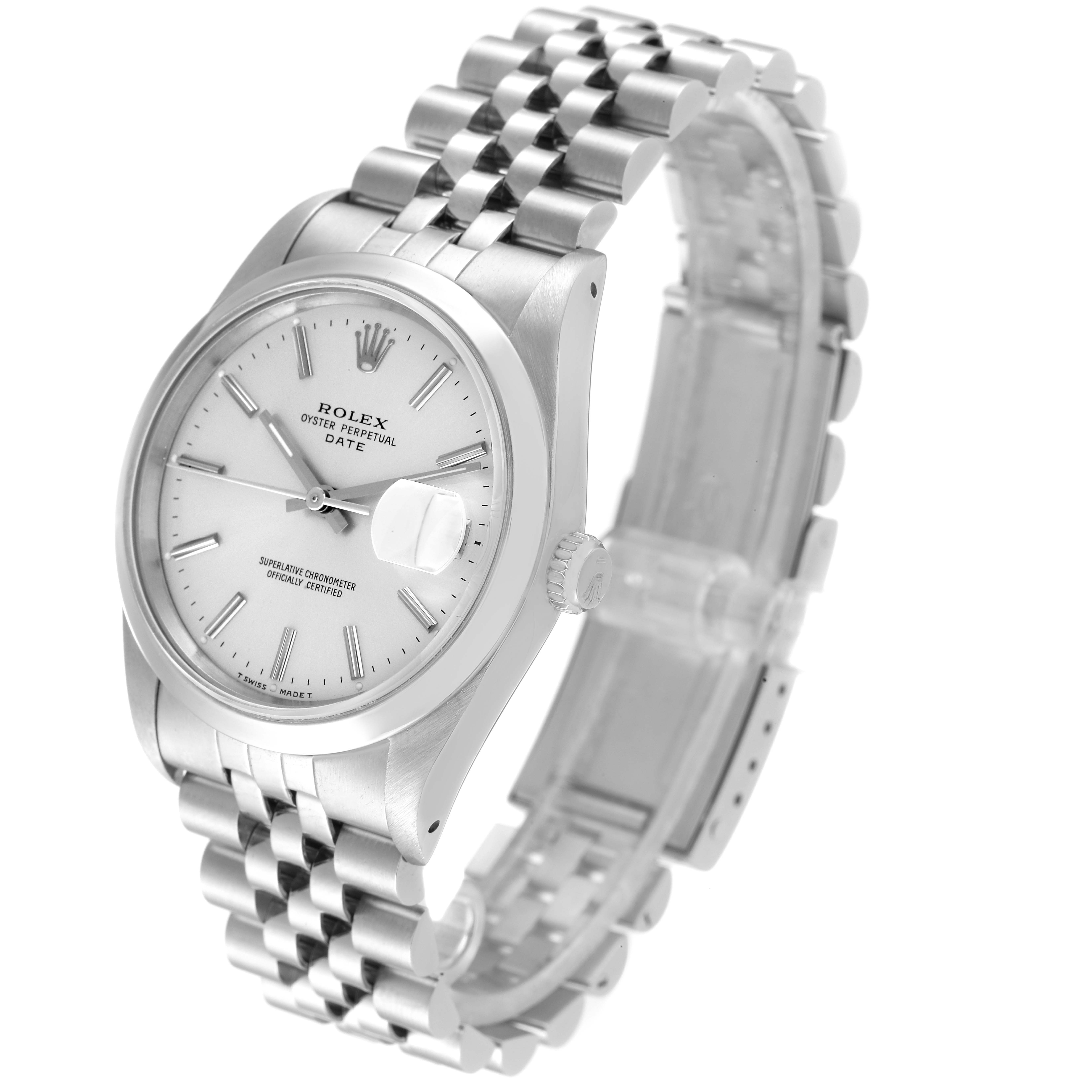 The image shows a Rolex Date 15200 Men's Stainless Steel Silver Dial 15200 Men's Stainless Steel Silver Dial model watch at an angle, highlighting its face, bracelet, and crown.