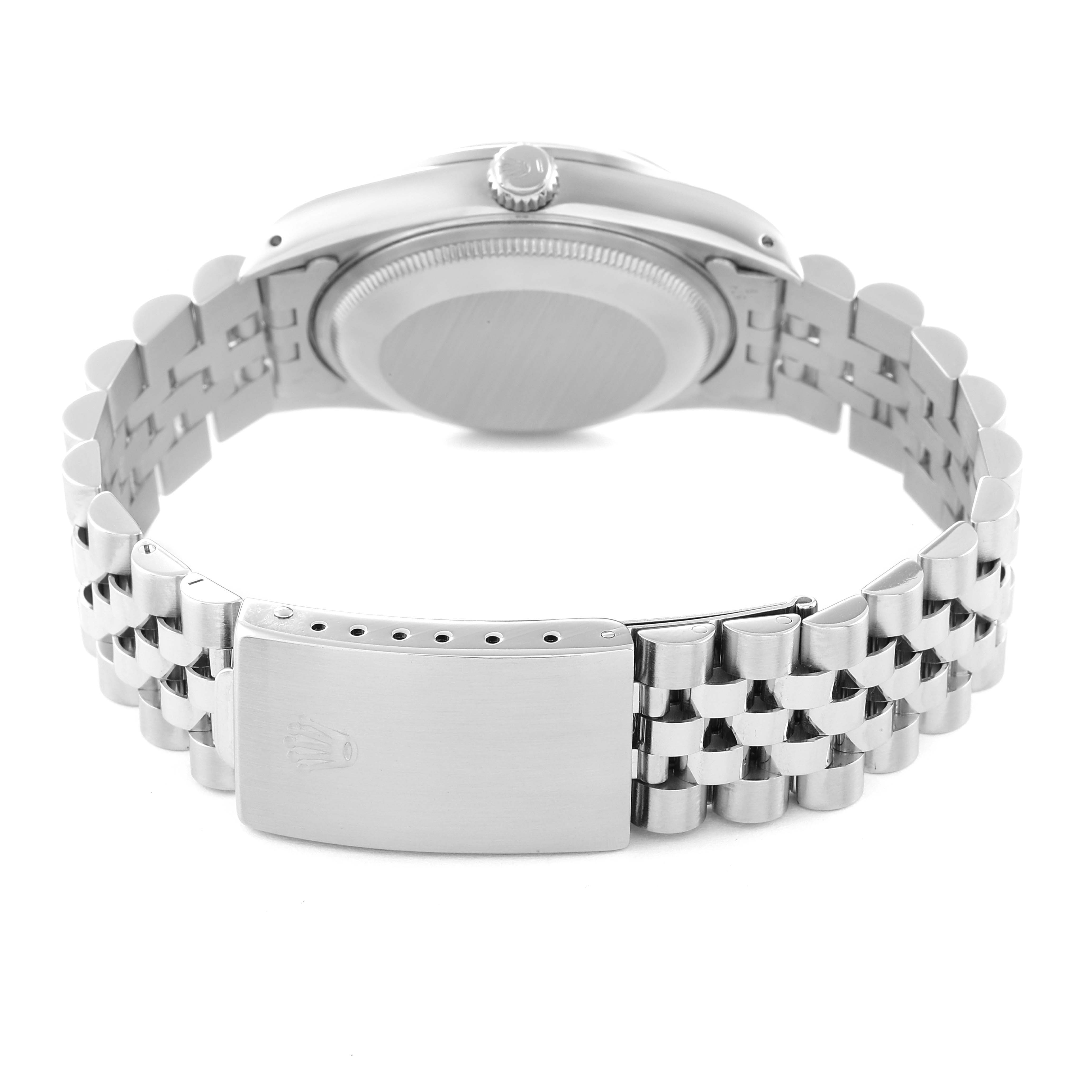 The image shows the back view of a Rolex Date 15200 Men's Stainless Steel Silver Dial 15200 Men's Stainless Steel Silver Dial model watch, highlighting the case back, crown, and bracelet with a clasp.