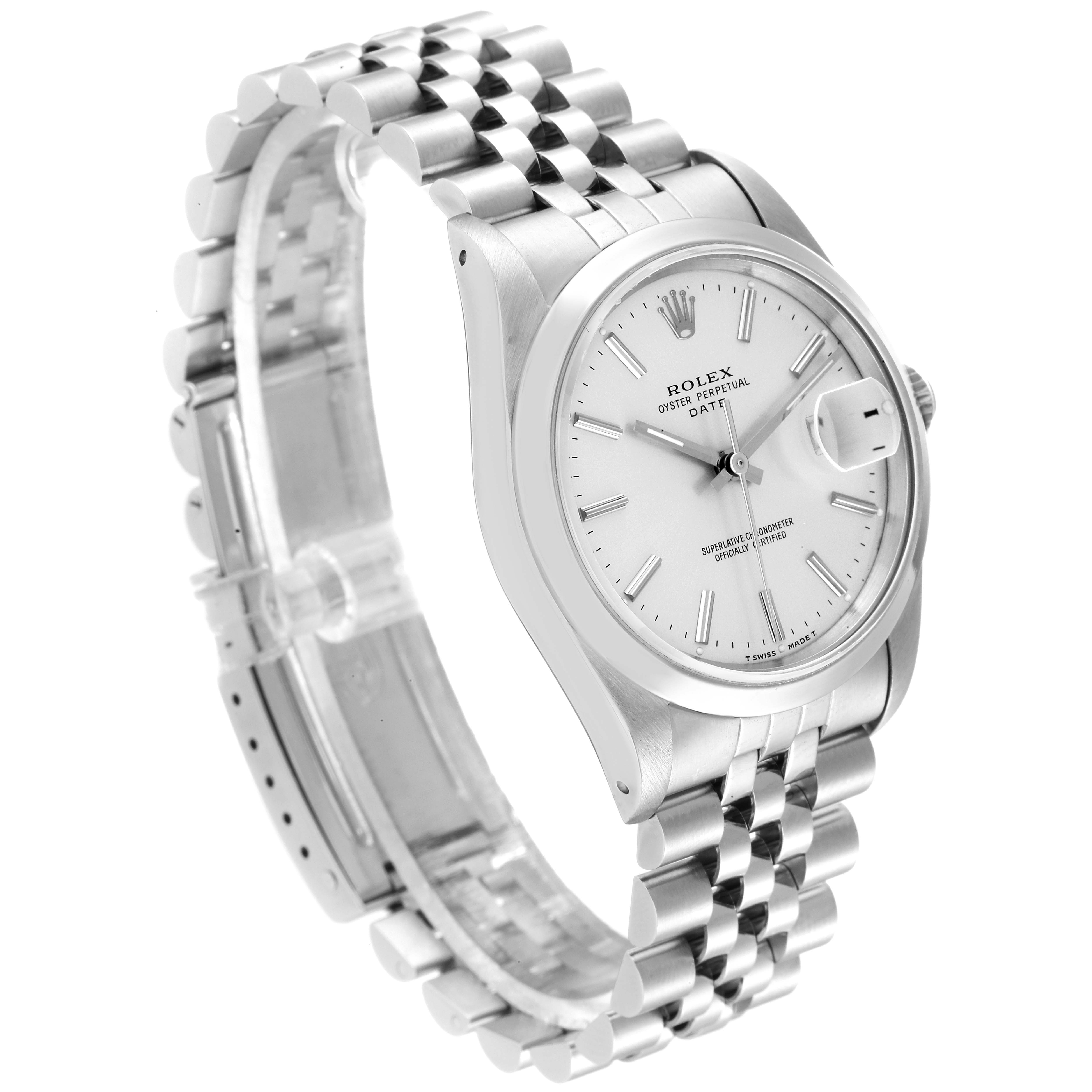 The image shows a side angle of a Rolex Date 15200 Men's Stainless Steel Silver Dial 15200 Men's Stainless Steel Silver Dial model, highlighting its silver dial, bracelet, and deployment clasp.
