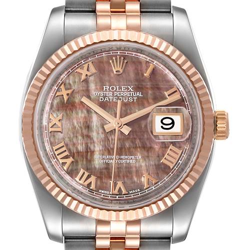 The image shows a Rolex Datejust 116231 Men's Steel and Gold (two tone) Mother of Pearl Dial 116231 Men's Steel and Gold (two tone) Mother of Pearl Dial watch from a front-facing angle, highlighting the dial, bezel, hands, and bracelet.