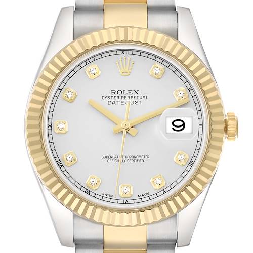 The Rolex Datejust 41 116333 Men's Steel and Gold (two tone) Silver Dial watch is shown from a front angle, displaying its face, bezel, hands, and partial bracelet.