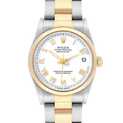 The Rolex Datejust 68243 Women's Steel and Gold (two tone) White Dial watch is shown from a front angle, displaying the face, bezel, crown, and part of the bracelet.