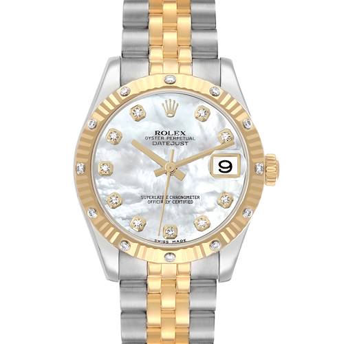 This Rolex Datejust 178313 Men's Steel and Gold (two tone) Mother of Pearl Dial watch is shown from the front, highlighting the dial, bezel, crown, and part of the two-tone bracelet.