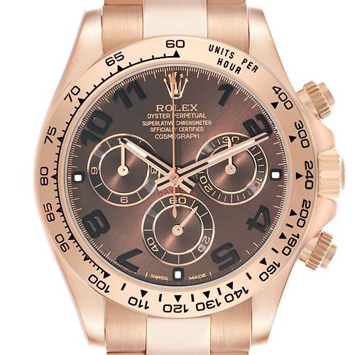 The image shows a frontal view of a Rolex Daytona 116505 Men's Rose Gold Brown Dial watch, highlighting the dial, bezel, and chronograph subdials.