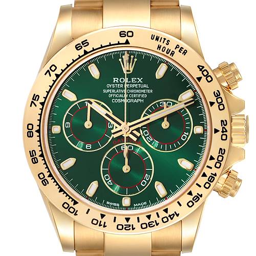 This image shows a frontal view of a Rolex Daytona 116508 Men's Yellow Gold Green Dial 116508 Men's Yellow Gold Green Dial watch, highlighting the dial, bezel, and bracelet.