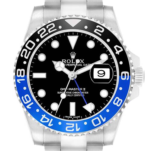 The image shows a front view of the Rolex GMT-Master 116710 Men's Stainless Steel Black Dial II watch face, bezel, and part of the bracelet.