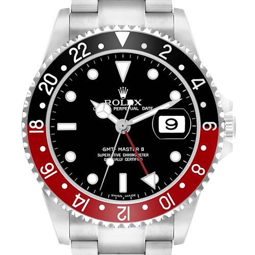 The Rolex GMT-Master 16710 Men's Stainless Steel Black Dial watch is shown from the front, displaying the bezel, dial, hands, and date window.