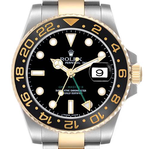 The Rolex GMT-Master 116713 Men's Steel and Gold (two tone) Black Dial watch is shown from a front angle, displaying the dial, bezel, and part of the bracelet.