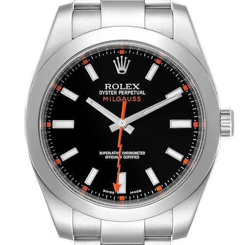 The image shows a front view of the Rolex Milgauss 116400 Men's Stainless Steel Black Dial 116400 Men's Stainless Steel Black Dial watch, highlighting its dial, hands, and bracelet.