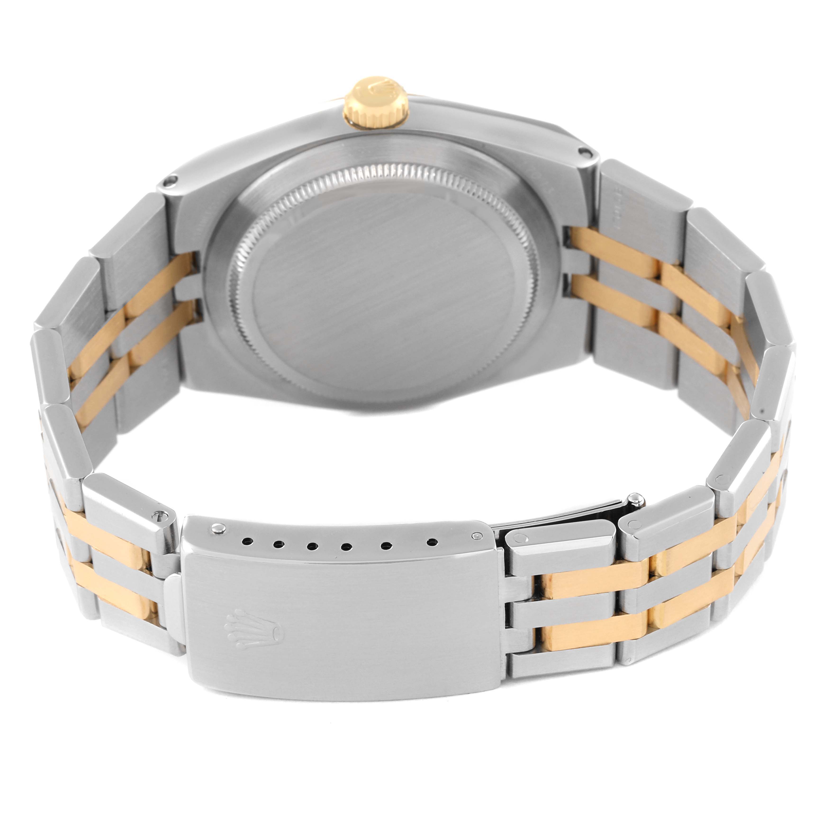 The image shows the back and clasp of the Rolex Oysterquartz 17013 Men's Stainless Steel Silver Dial 17013 Men's Stainless Steel Silver Dial watch, displaying its two-tone bracelet design.