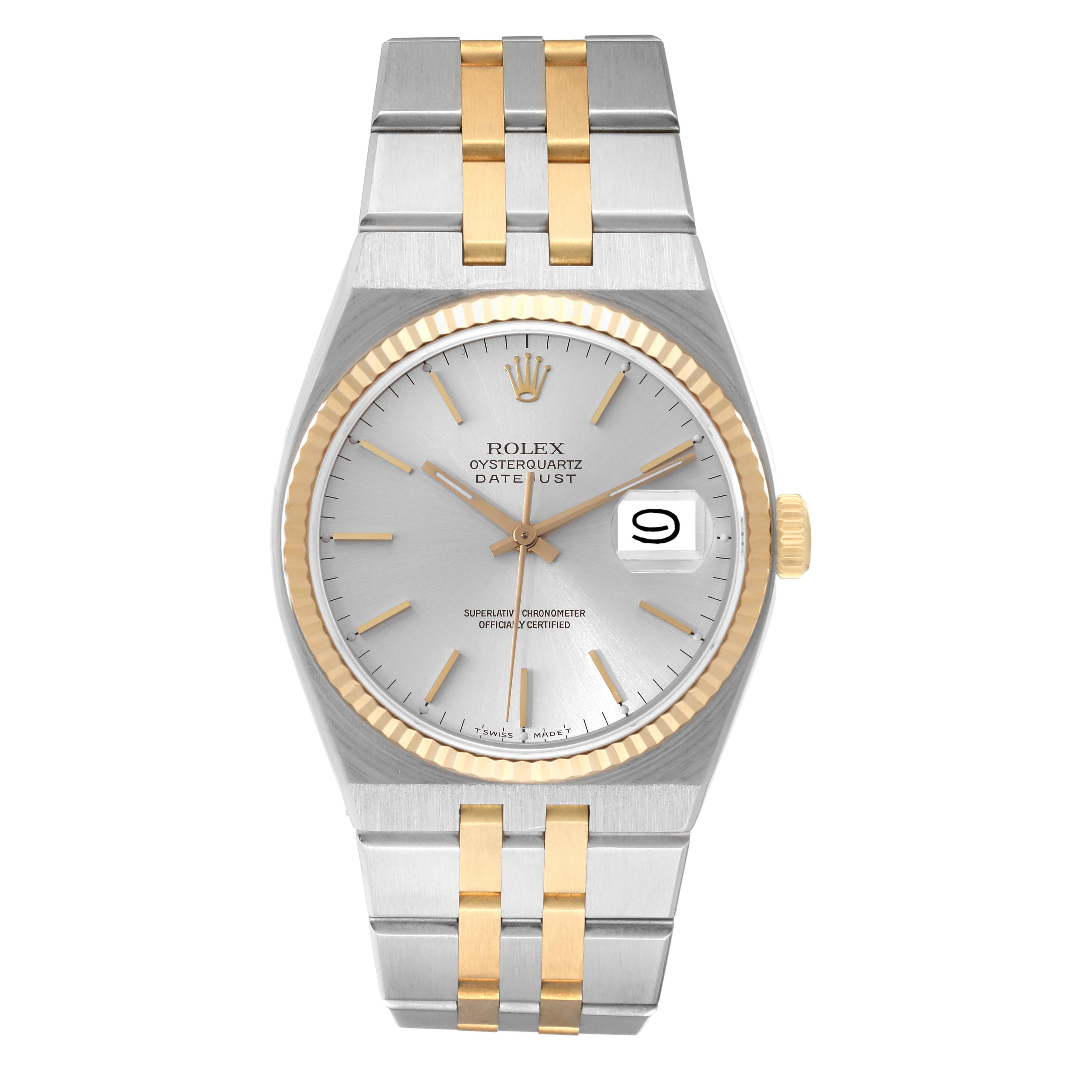 The image shows a front view of a Rolex Oysterquartz 17013 Men's Stainless Steel Silver Dial 17013 Men's Stainless Steel Silver Dial Datejust, highlighting the watch face, bezel, and bracelet.