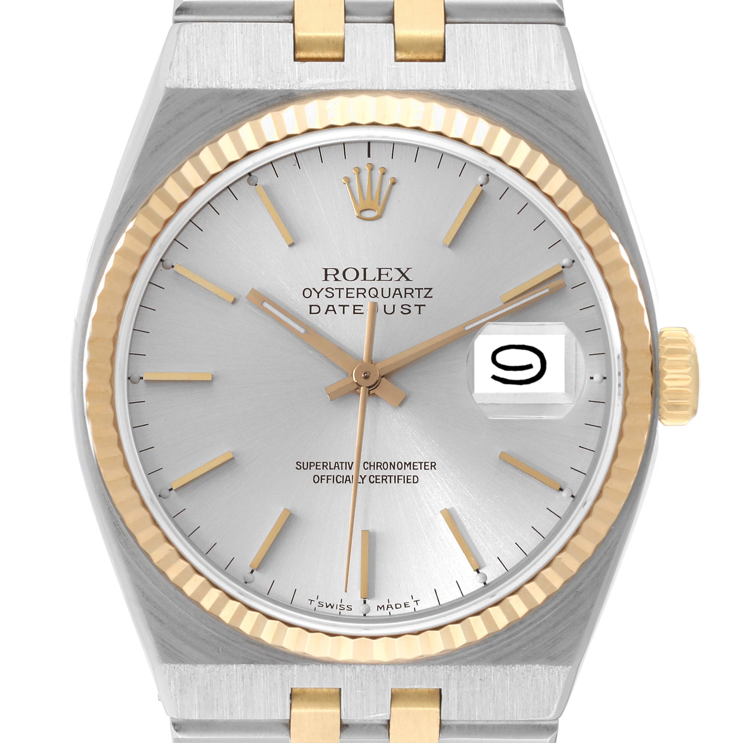 This image shows a front view of the Rolex Oysterquartz 17013 Men's Stainless Steel Silver Dial 17013 Men's Stainless Steel Silver Dial Datejust watch, highlighting its dial, hands, date window, and crown.