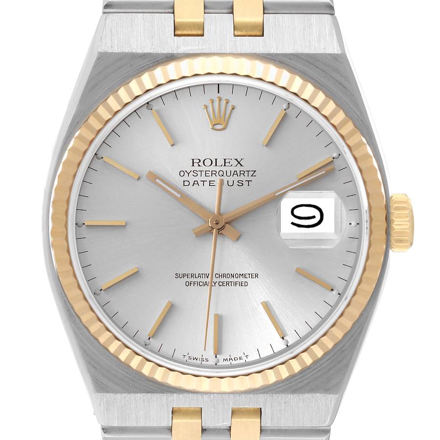This image shows a front view of the Rolex Oysterquartz 17013 Men's Stainless Steel Silver Dial 17013 Men's Stainless Steel Silver Dial Datejust watch, highlighting its dial, hands, date window, and crown.