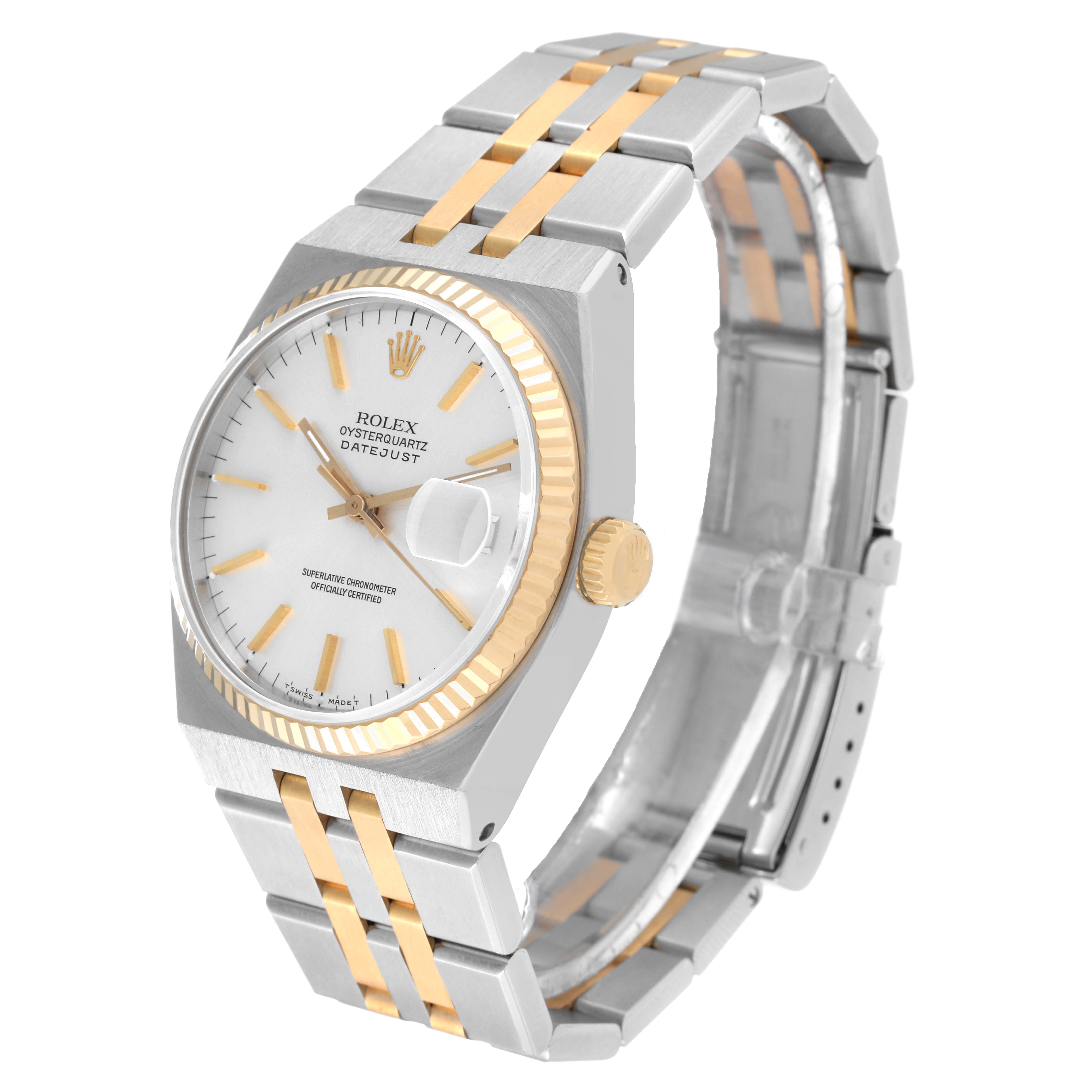 The Rolex Oysterquartz 17013 Men's Stainless Steel Silver Dial 17013 Men's Stainless Steel Silver Dial watch is shown at an angled front view, displaying the dial, bezel, crown, and part of the bracelet.