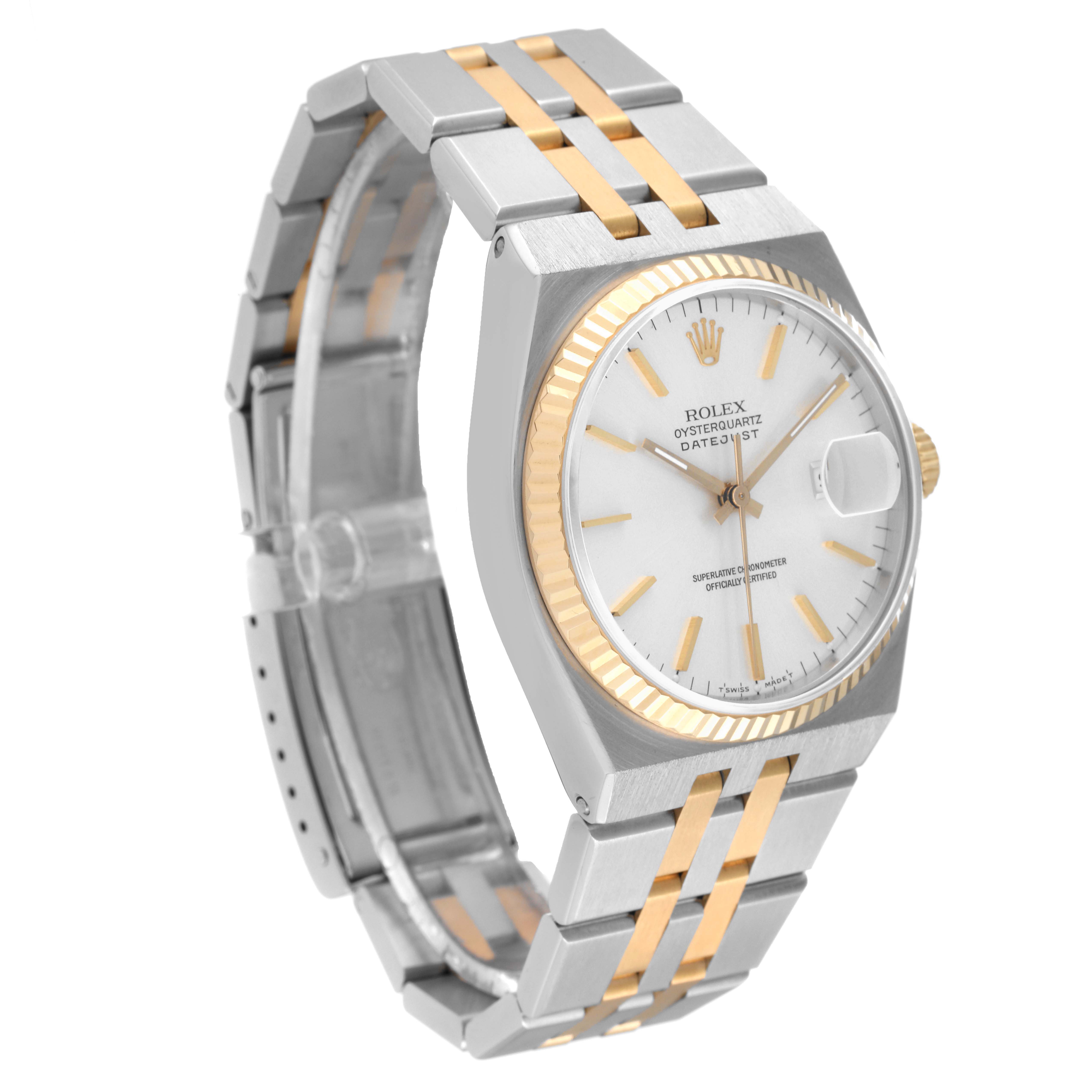 The Rolex Oysterquartz 17013 Men's Stainless Steel Silver Dial 17013 Men's Stainless Steel Silver Dial watch shown is at a 3/4 angle, highlighting the face, bezel, and bracelet.