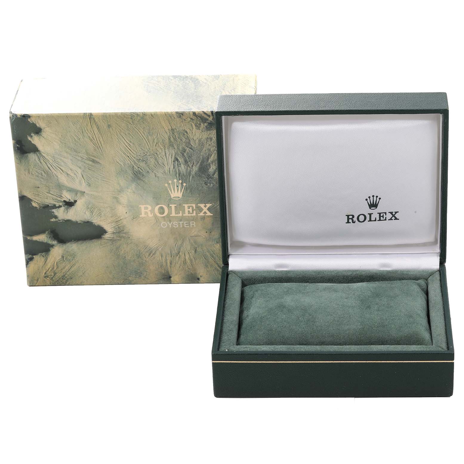 The image shows an empty Rolex Oysterquartz 17013 Men's Stainless Steel Silver Dial 17013 Men's Stainless Steel Silver Dial watch box and outer packaging from a front angle.