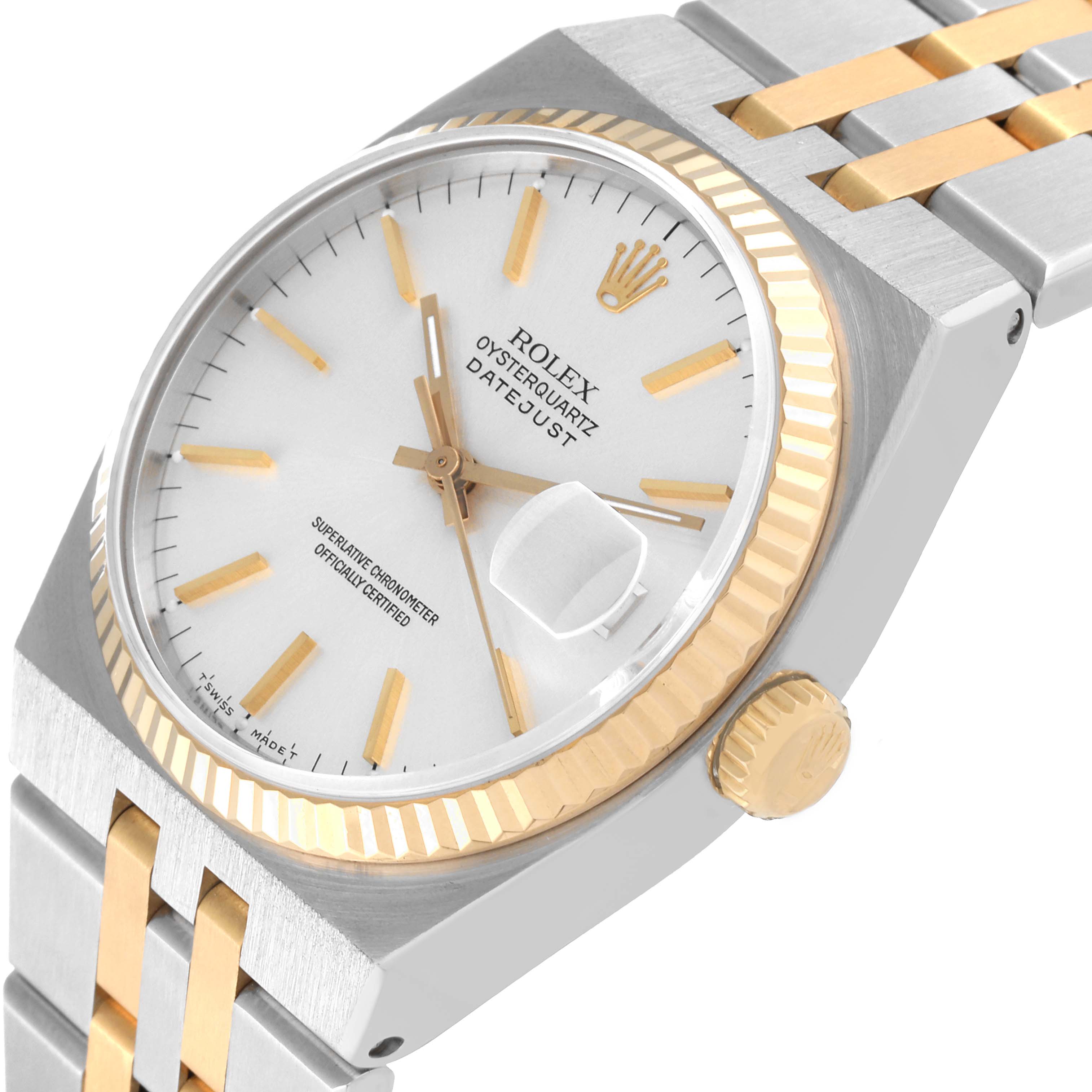 The image shows the dial, bezel, crown, and part of the bracelet of a Rolex Oysterquartz 17013 Men's Stainless Steel Silver Dial 17013 Men's Stainless Steel Silver Dial watch from an angled perspective.
