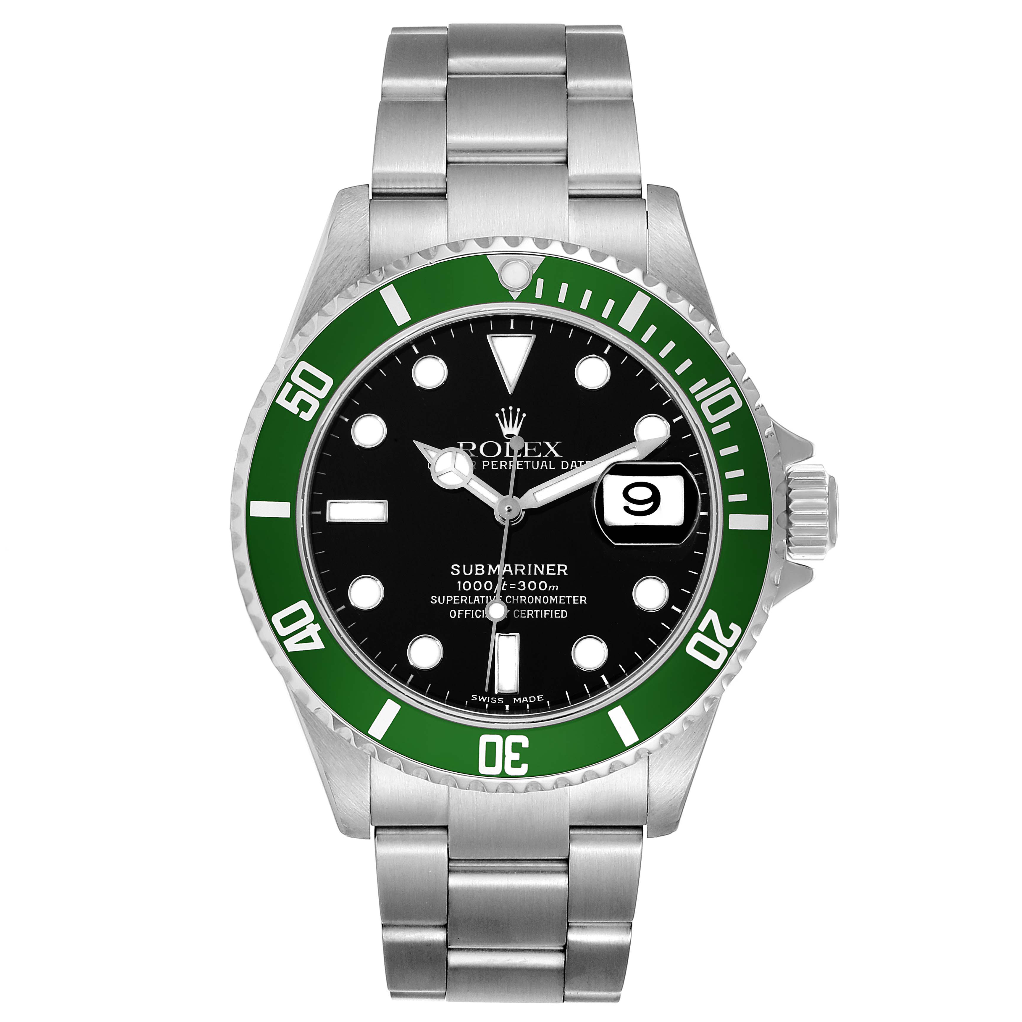 The image shows a Rolex Submariner 16610LV Men's Stainless Steel Black Dial 16610LV Men's Stainless Steel Black Dial watch from a straight-on angle, displaying its face, bezel, and bracelet.