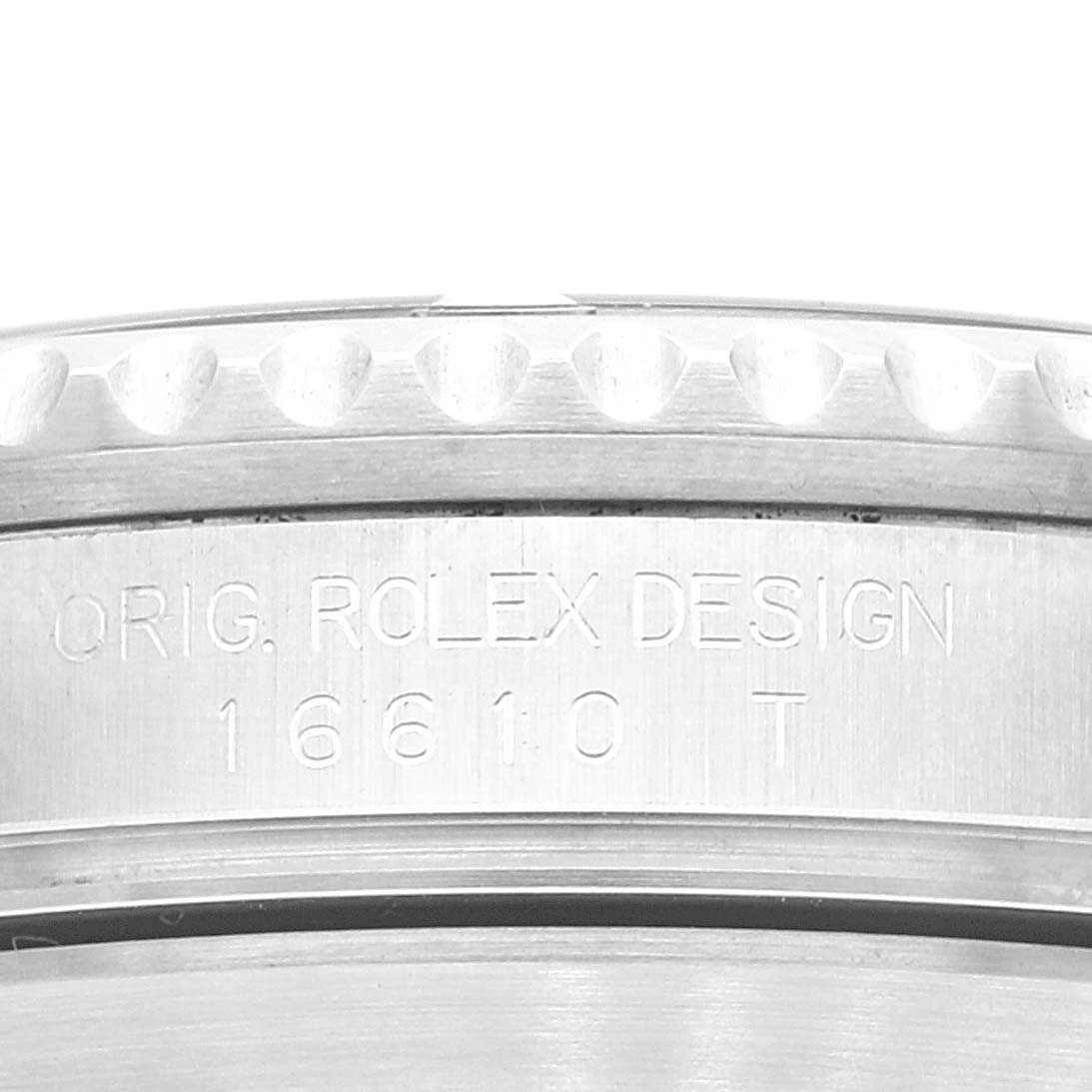 This image shows a close-up of the side of the bezel and the engraved model number "16610" on a Rolex Submariner 16610LV Men's Stainless Steel Black Dial 16610LV Men's Stainless Steel Black Dial watch.