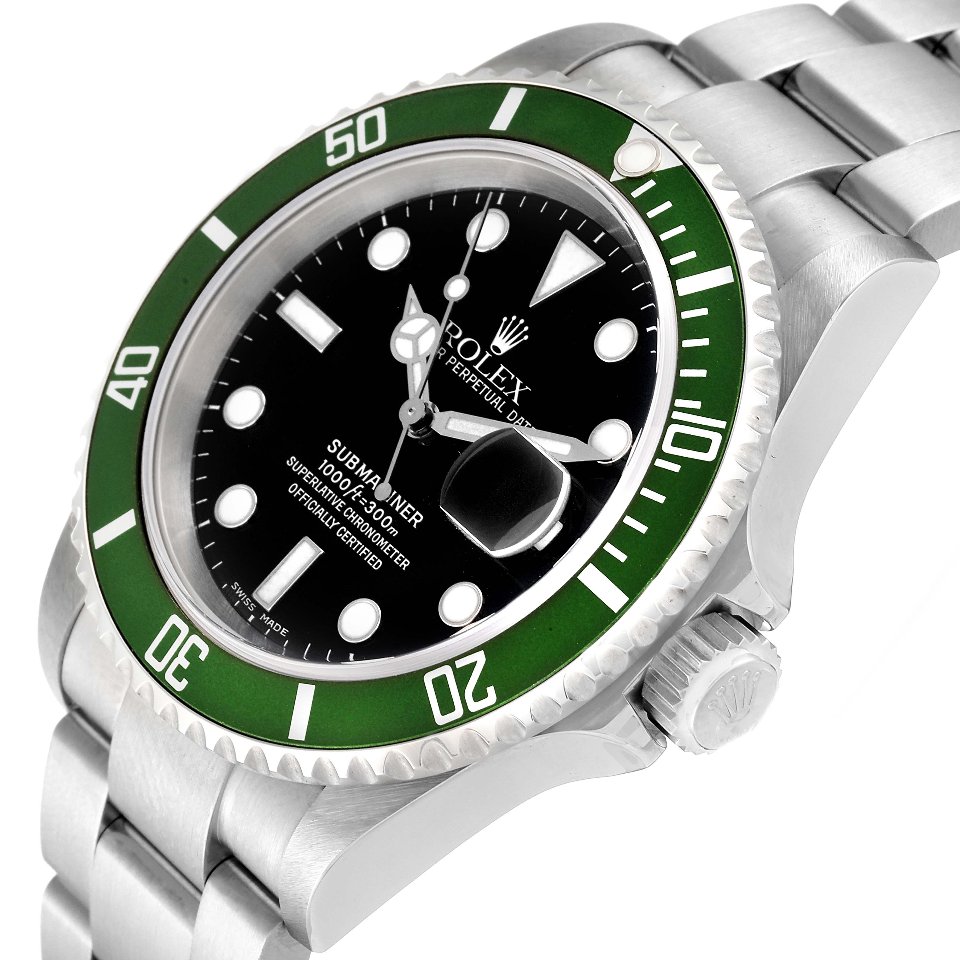 The Rolex Submariner 16610LV Men's Stainless Steel Black Dial 16610LV Men's Stainless Steel Black Dial is shown from a slightly angled side view, highlighting its green bezel, dial, and part of the bracelet.