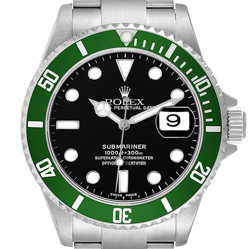 The image shows a frontal view of a Rolex Submariner 16610LV Men's Stainless Steel Black Dial 16610LV Men's Stainless Steel Black Dial watch featuring a green bezel and black dial with date display.