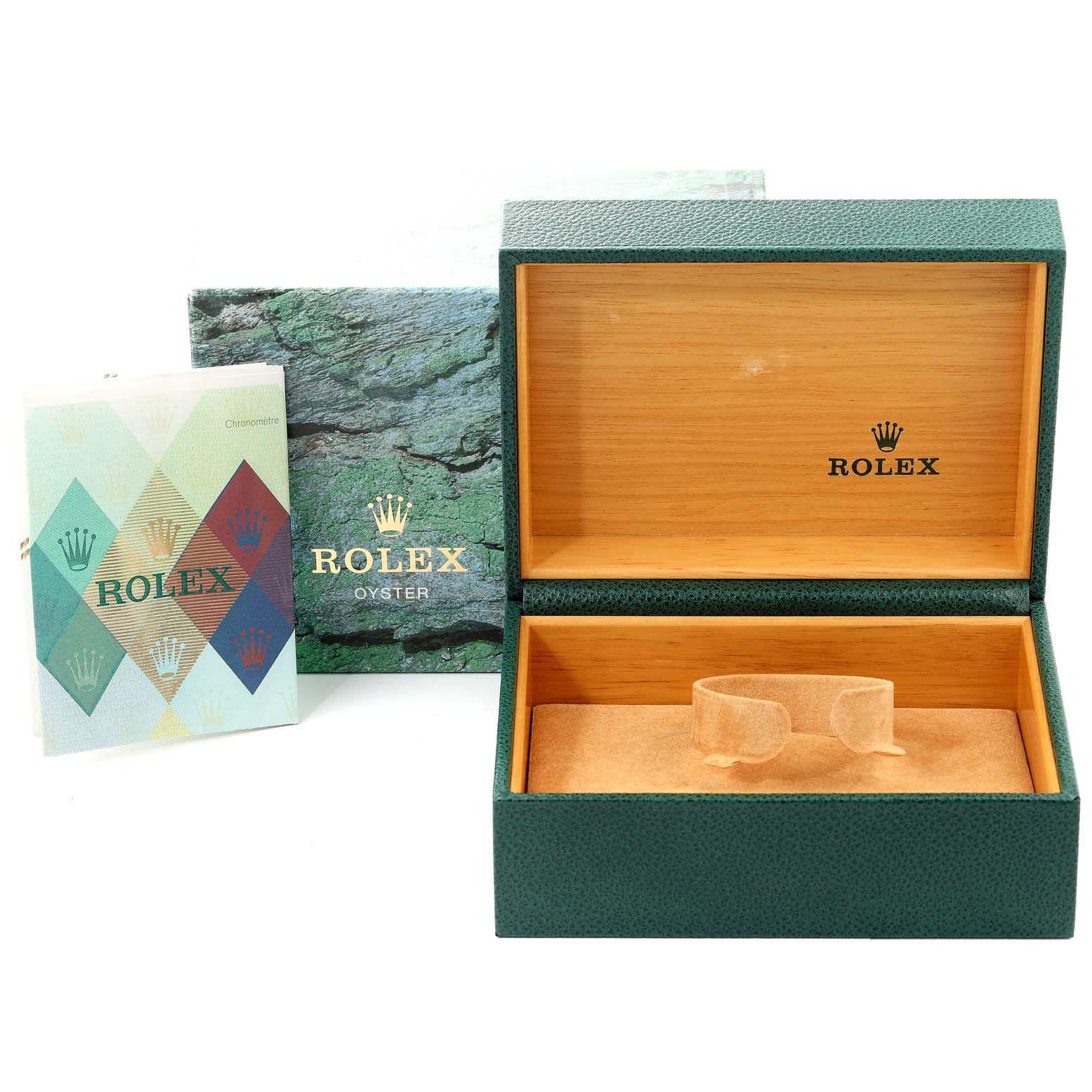 The image shows an open Rolex Submariner 16610LV Men's Stainless Steel Black Dial 16610LV Men's Stainless Steel Black Dial watch box with booklets next to it.