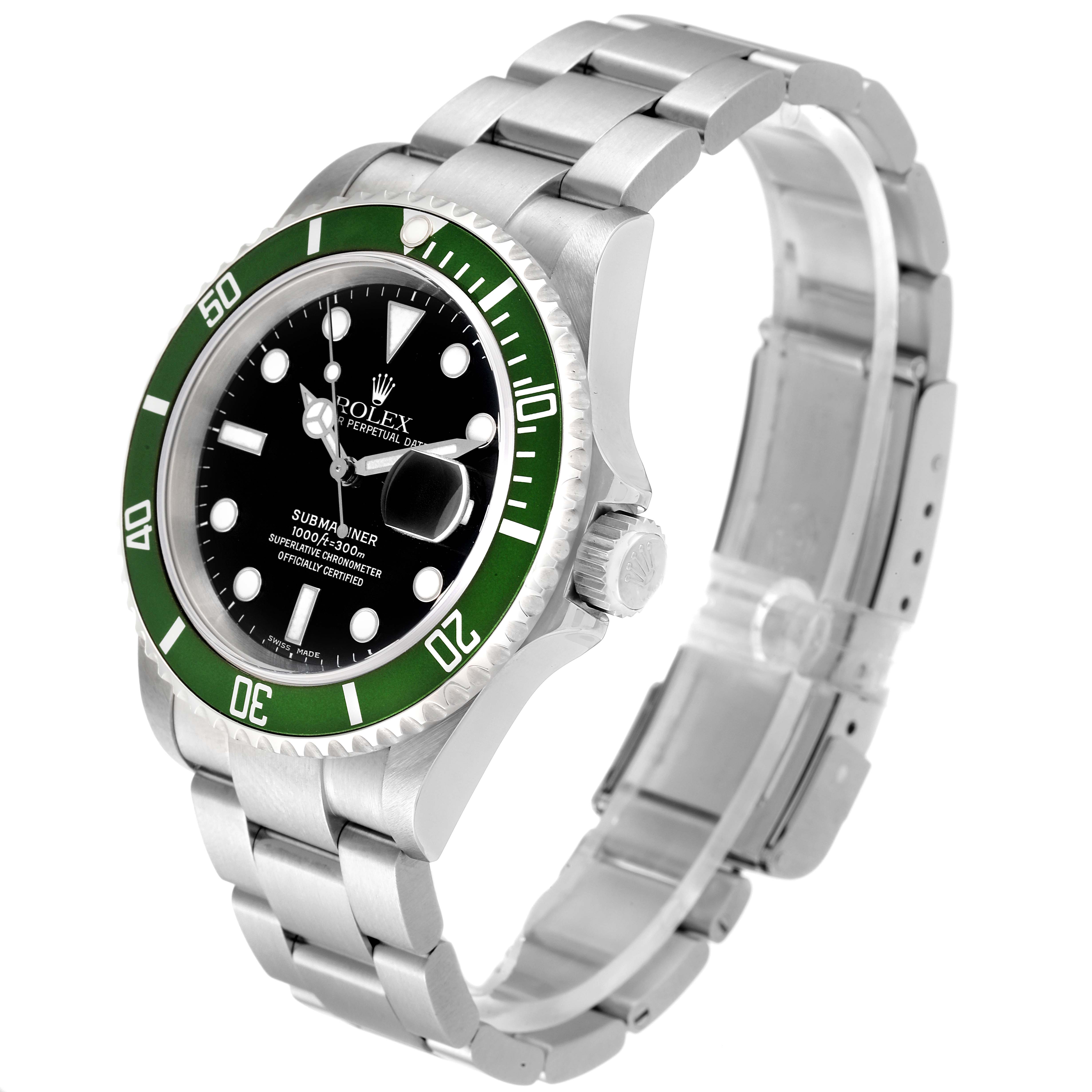 The Rolex Submariner 16610LV Men's Stainless Steel Black Dial 16610LV Men's Stainless Steel Black Dial watch is shown at a three-quarter angle, displaying its green bezel, black dial, and stainless steel bracelet.