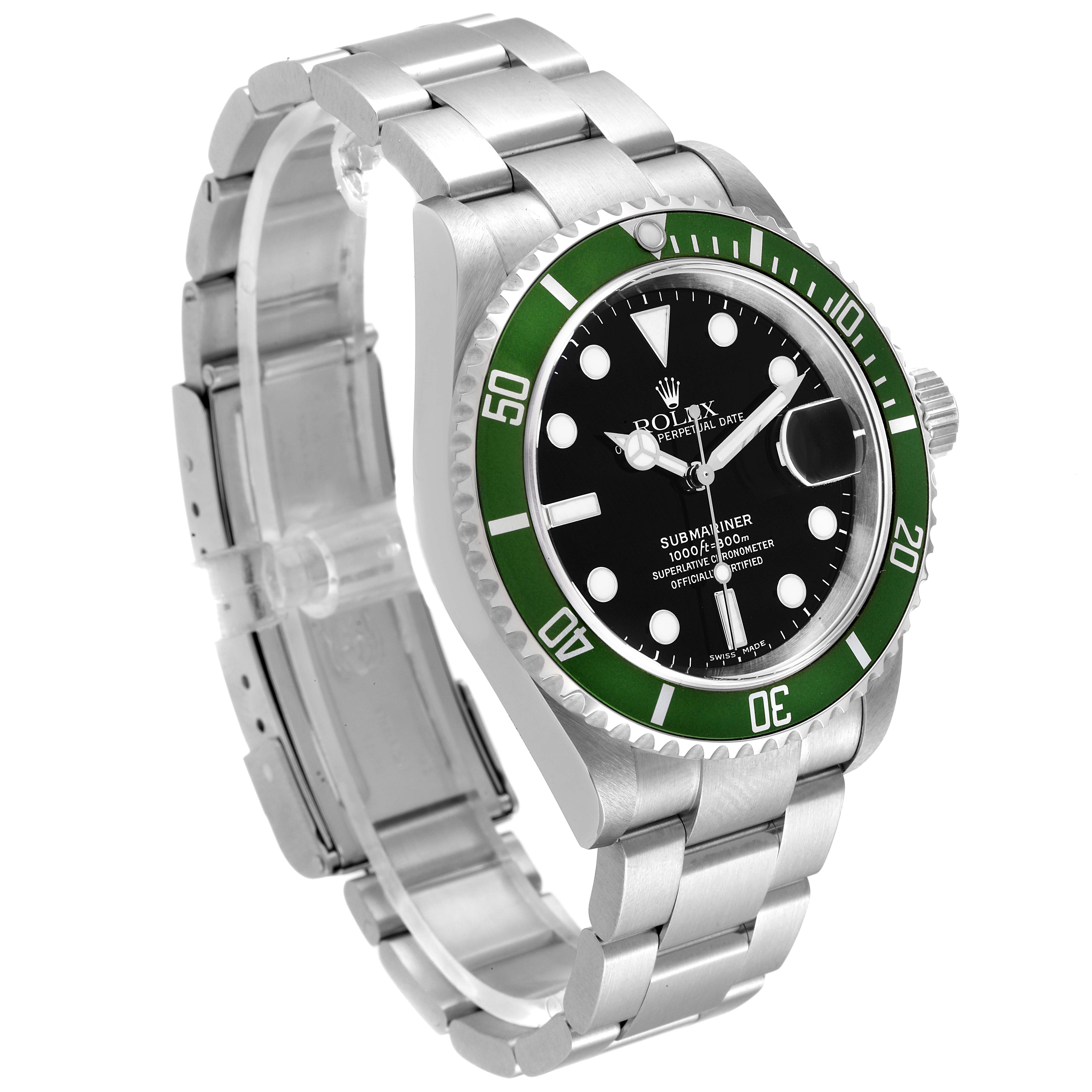 The image shows a side angle of a Rolex Submariner 16610LV Men's Stainless Steel Black Dial 16610LV Men's Stainless Steel Black Dial watch, highlighting its dial, bezel, and bracelet.