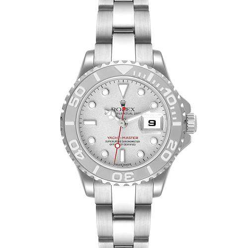 This image shows a frontal view of a Rolex Yacht-Master 169622 Women's Stainless Steel Silver Dial 169622 Women's Stainless Steel Silver Dial watch, displaying its dial, bezel, and bracelet.