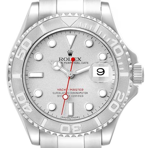 This is a front view of a Rolex Yacht-Master 16622 Men's Stainless Steel Silver Dial 16622 Men's Stainless Steel Silver Dial watch, showing the dial, bezel, crown, and part of the bracelet.