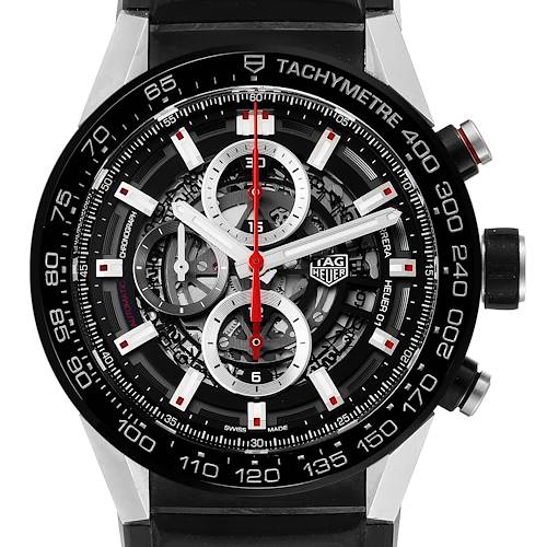 The image shows a frontal view of the Tag Heuer Carrera CAR2A1Z.FT6044 Men's Stainless Steel Black Dial CAR2A1Z.FT6044 Men's Stainless Steel Black Dial watch, highlighting its dial, tachymeter bezel, and chronograph subdials.