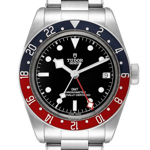 The Tudor Heritage Black Bay 79830RB Men's Stainless Steel Black Dial 79830RB Men's Stainless Steel Black Dial watch is shown from the front, displaying its bezel, dial, hands, and part of its bracelet.