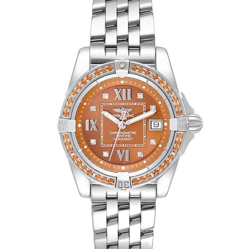 The Breitling A71356 Women's Stainless Steel Brown Dial A71356 Women's Stainless Steel Brown Dial Galactic A71356 model is shown from a top-down angle, highlighting its bronze dial, diamond bezel, and steel bracelet.