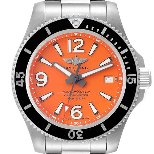 The Breitling Superocean A17366 Men's Stainless Steel Orange Dial A17366 Men's Stainless Steel Orange Dial watch is shown in a front view, displaying its orange dial, date window, and stainless steel bracelet.