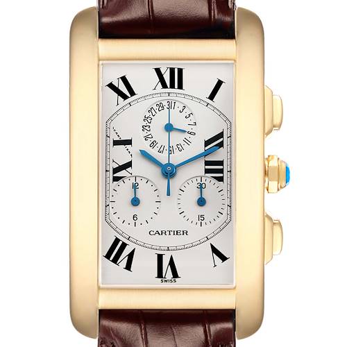 The Cartier Tank Americaine W2601156 Men's Yellow Gold Silver Dial watch is shown from a front angle, featuring its rectangular face, Roman numerals, and side crown.