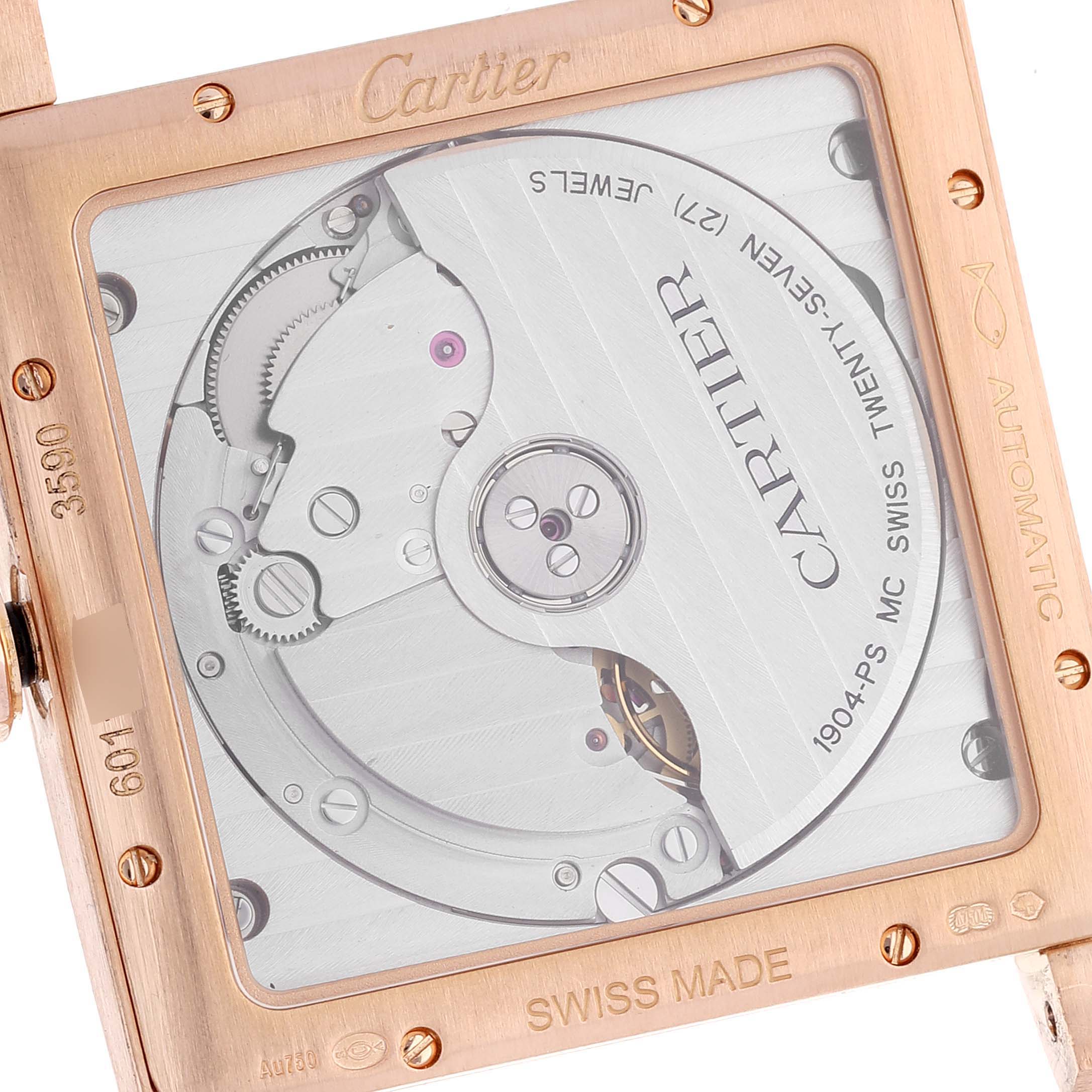 This image shows a close-up of the back of the Cartier Tank MC W5330002 Men's Rose Gold Brown Dial W5330002 Men's Rose Gold Brown Dial watch, highlighting its intricate automatic movement.