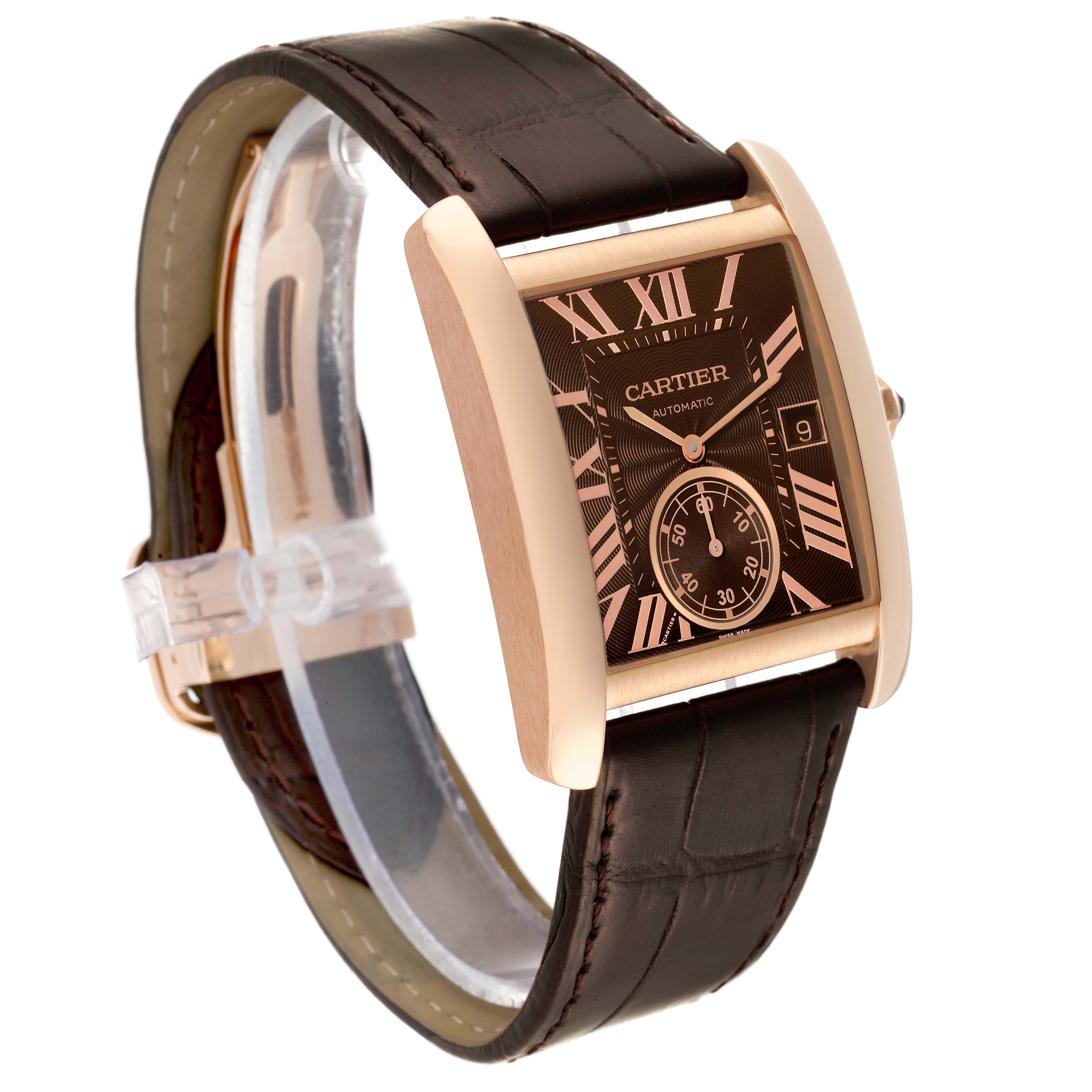 The image shows a side and slight front angle of the Cartier Tank MC W5330002 Men's Rose Gold Brown Dial W5330002 Men's Rose Gold Brown Dial watch, highlighting its face, band, and crown.