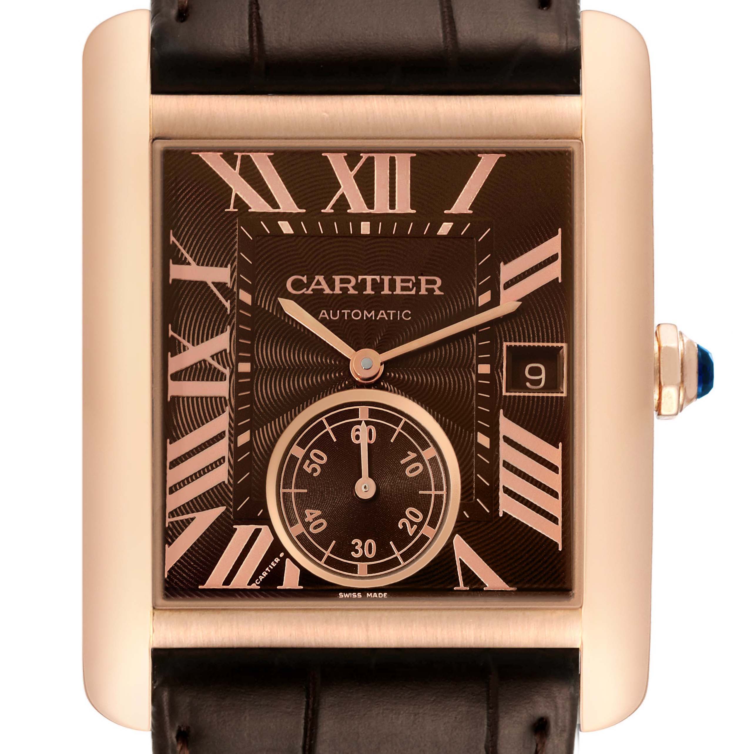 The image shows a close-up front view of the Cartier Tank MC W5330002 Men's Rose Gold Brown Dial W5330002 Men's Rose Gold Brown Dial watch face.