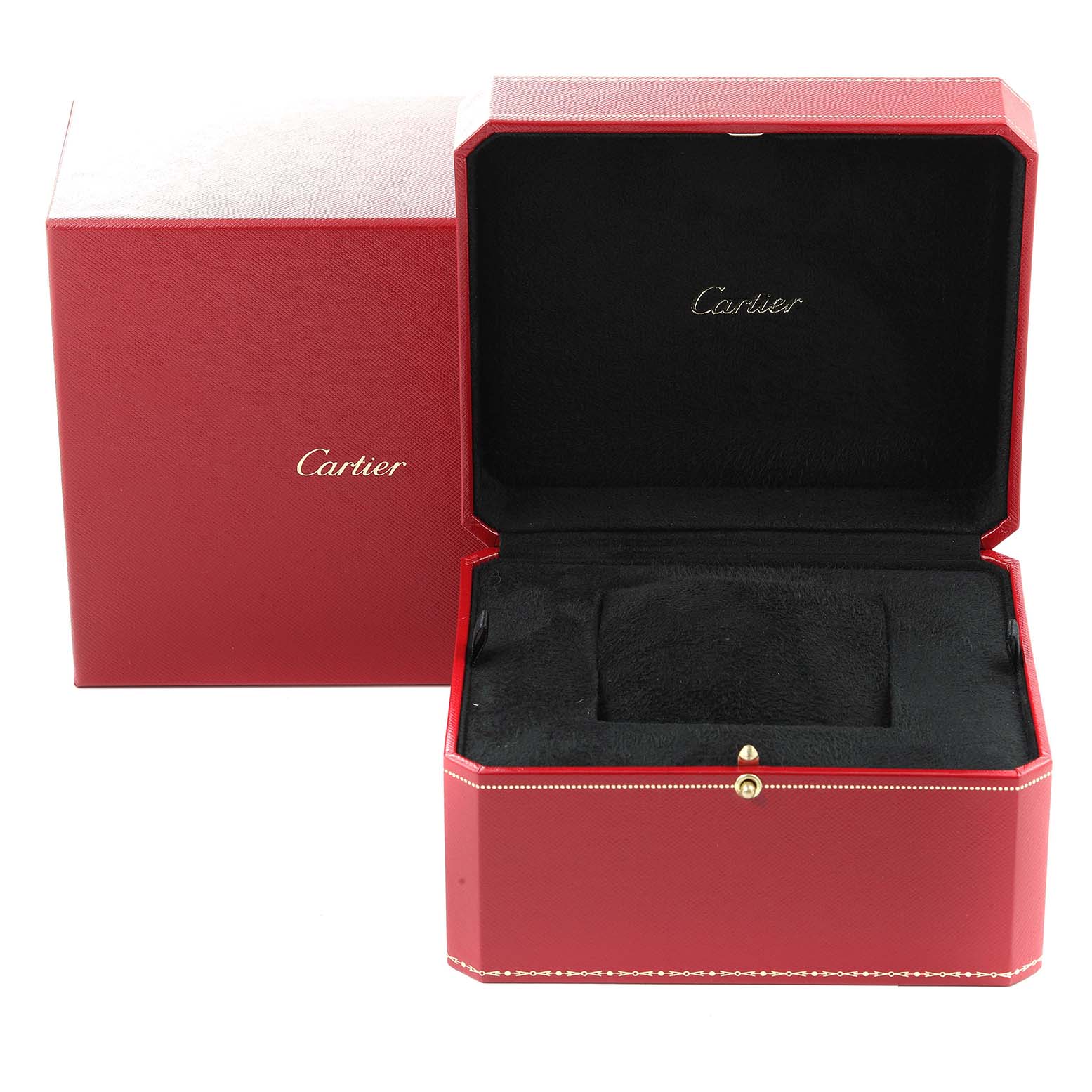 This image shows the open red box for a Cartier Tank MC W5330002 Men's Rose Gold Brown Dial W5330002 Men's Rose Gold Brown Dial model watch, with the brand's name visible inside the lid.