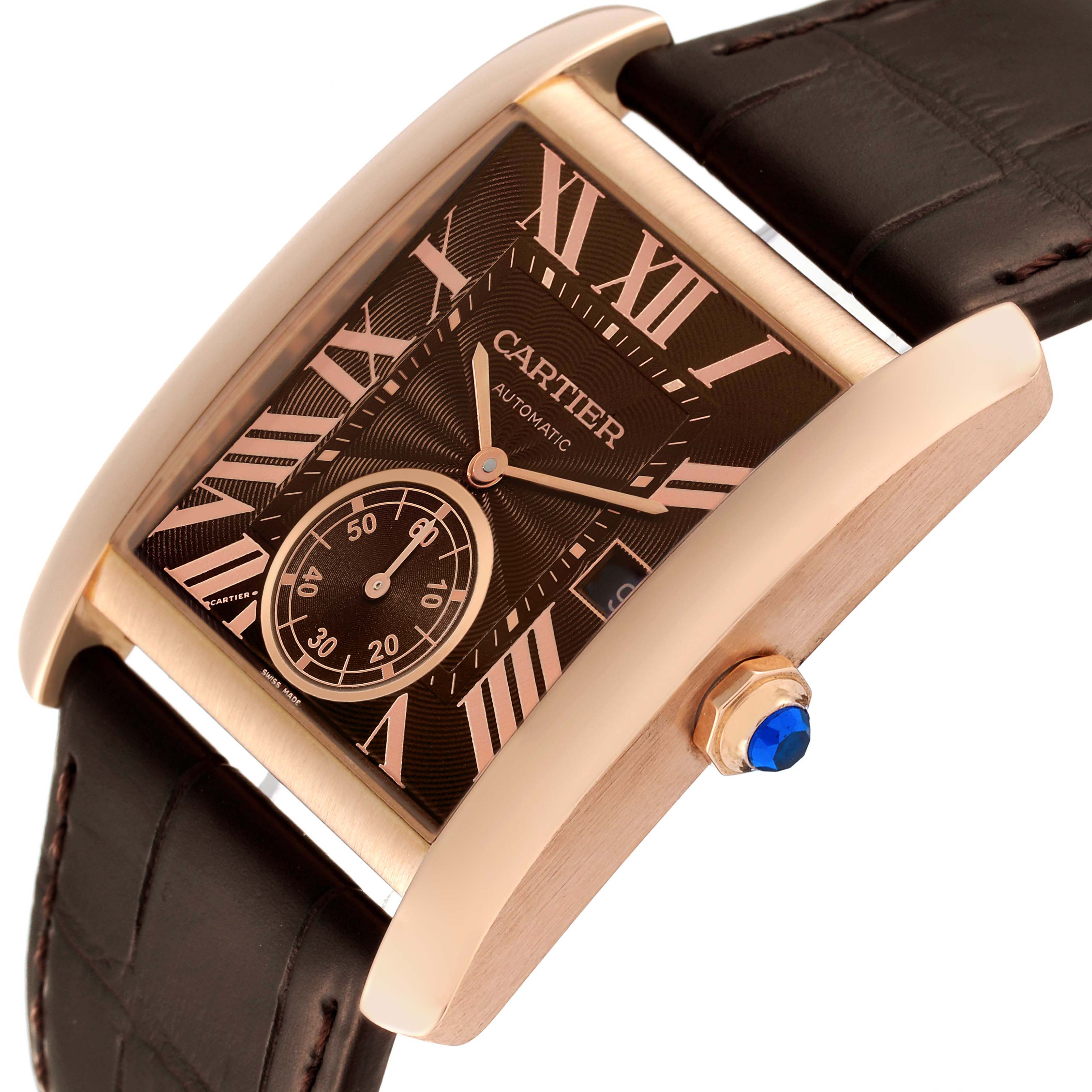 The image shows a Cartier Tank MC W5330002 Men's Rose Gold Brown Dial W5330002 Men's Rose Gold Brown Dial model watch at an angled close-up, highlighting the face, crown, and leather strap.